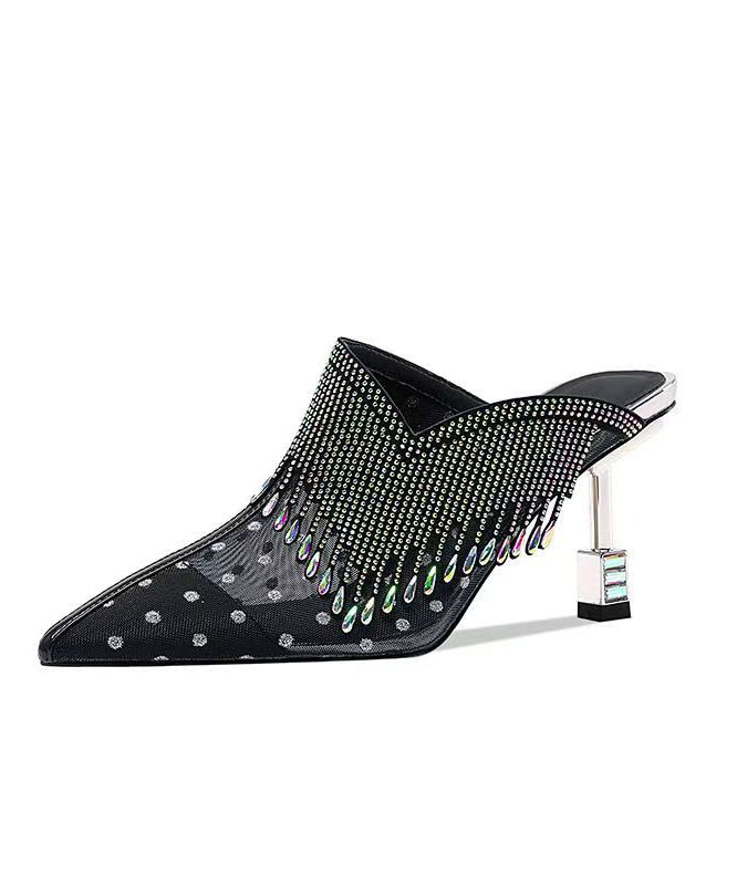 Black Tulle Zircon Tassel Slide Sandals Fashion Pointed Toe CZ1052 Ada Fashion