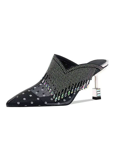 Black Tulle Zircon Tassel Slide Sandals Fashion Pointed Toe CZ1052 Ada Fashion