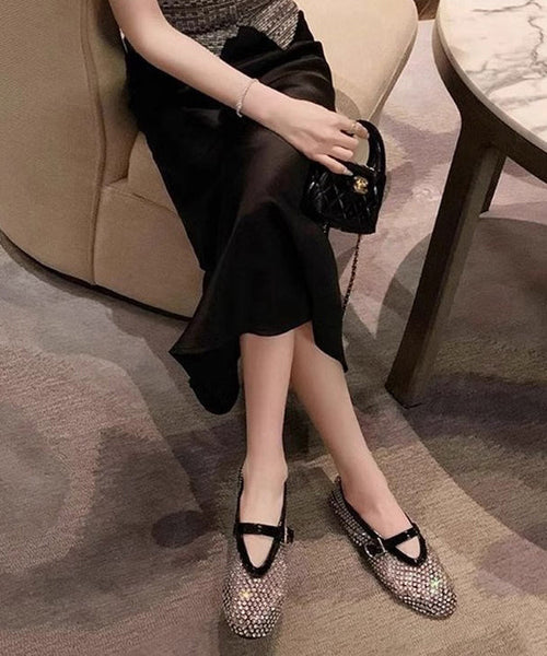 Black Walking Sandals Comfy Splicing Hollow Out Zircon Buckle Strap AA041 shoe-CS240815