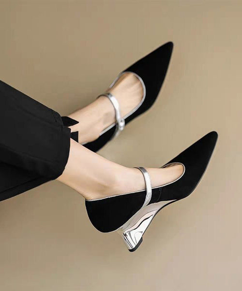 Heels Shoes Strap Black Fitted Wedge Buckle Suede Splicing FashionChic