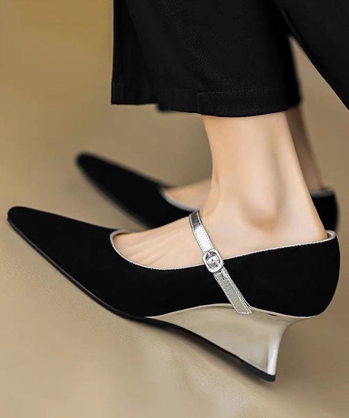 Heels Shoes Strap Black Fitted Wedge Buckle Suede Splicing FashionChic
