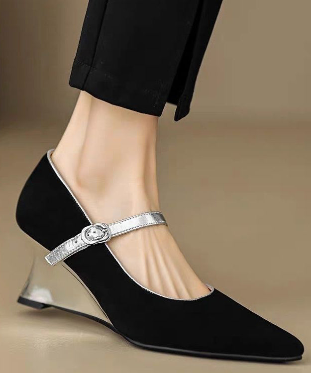 Heels Shoes Strap Black Fitted Wedge Buckle Suede Splicing FashionChic