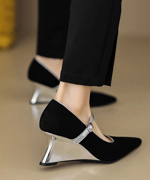 Heels Shoes Strap Black Fitted Wedge Buckle Suede Splicing FashionChic