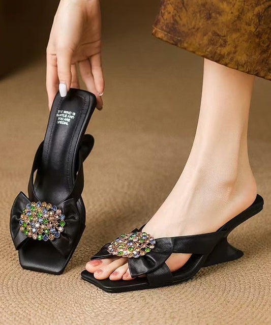 Slide Splicing Zircon Wedge Black Sandals Chic Sheepskin FashionChic