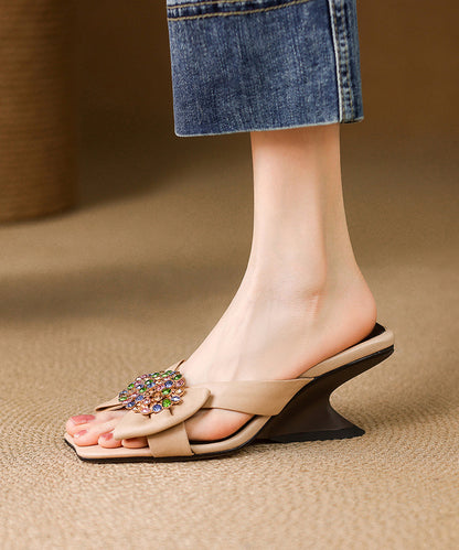 Slide Splicing Zircon Wedge Black Sandals Chic Sheepskin FashionChic
