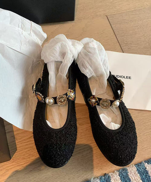 Women Buckle Black Strap Splicing Flat Woolen Shoes FashionChic