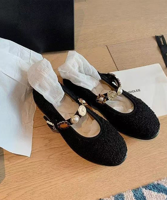 Women Buckle Black Strap Splicing Flat Woolen Shoes FashionChic