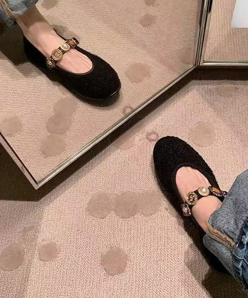Women Buckle Black Strap Splicing Flat Woolen Shoes FashionChic