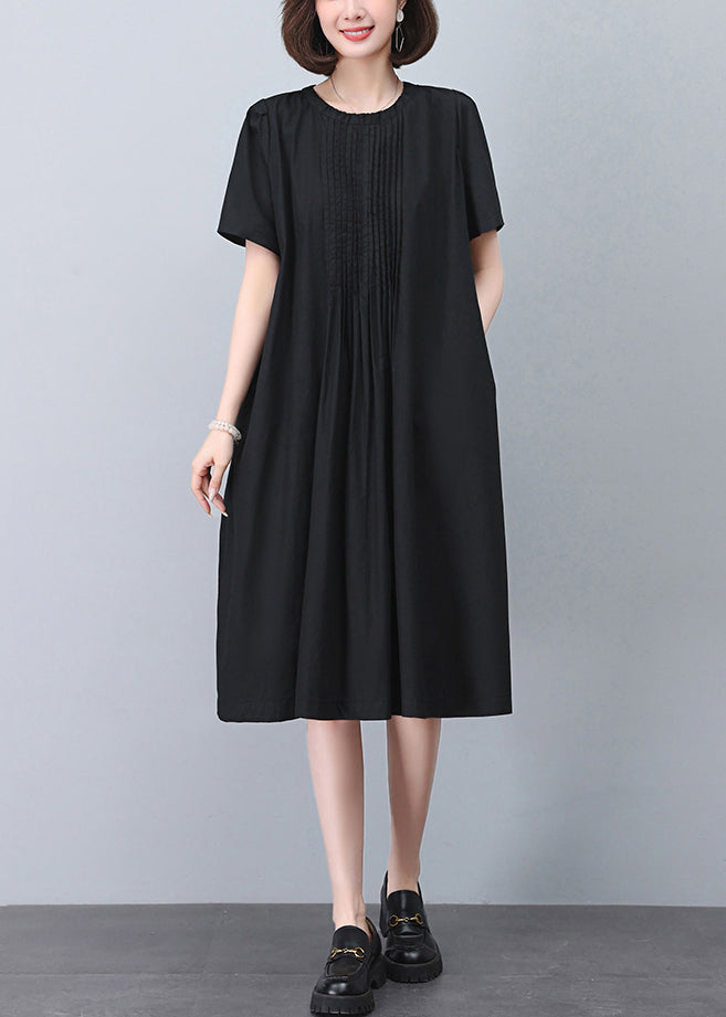 Black Wrinkled Cotton Dresses O Neck Short Sleeve MN040 MMDM-SDL240704