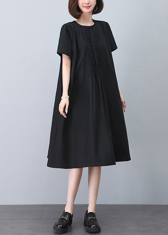 Black Wrinkled Cotton Dresses O Neck Short Sleeve MN040 MMDM-SDL240704