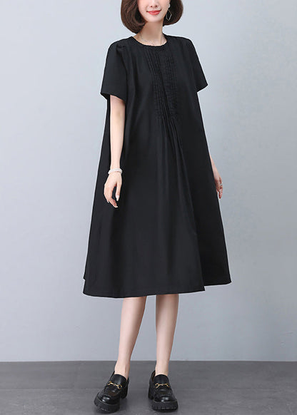Black Wrinkled Cotton Dresses O Neck Short Sleeve MN040 MMDM-SDL240704