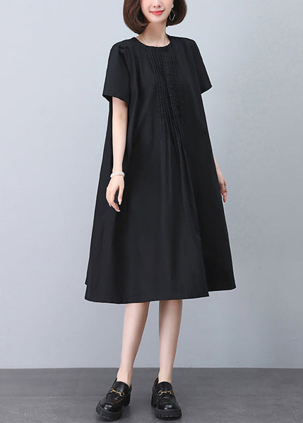 Black Wrinkled Cotton Dresses O Neck Short Sleeve MN040 MMDM-SDL240704