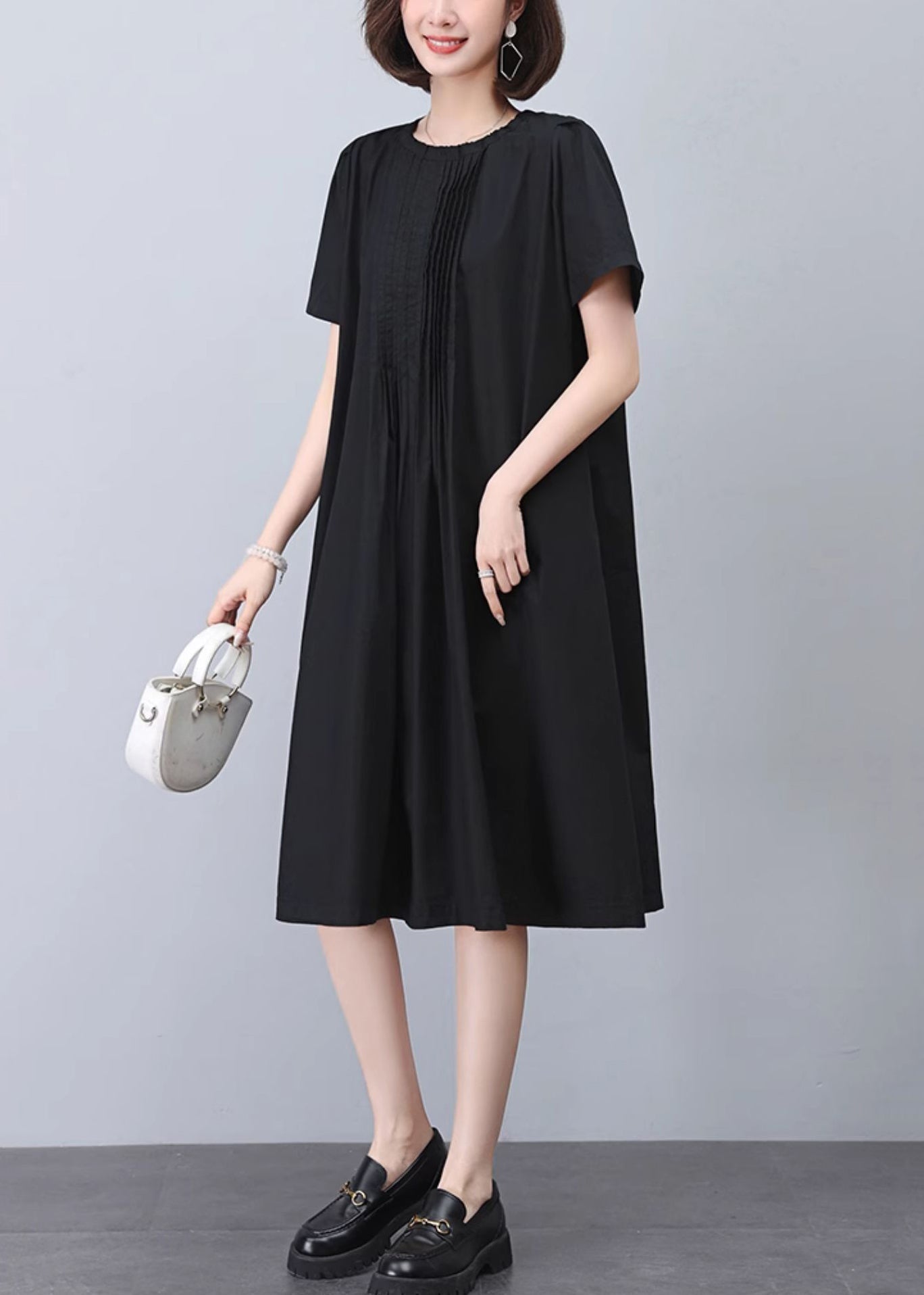 Black Wrinkled Cotton Dresses O Neck Short Sleeve MN040 MMDM-SDL240704