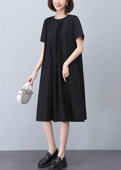 Black Wrinkled Cotton Dresses O Neck Short Sleeve MN040 MMDM-SDL240704