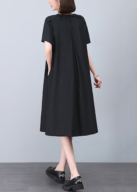 Black Wrinkled Cotton Dresses O Neck Short Sleeve MN040 MMDM-SDL240704