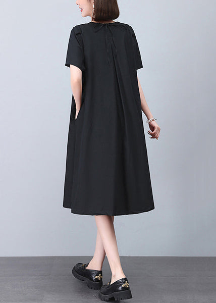 Black Wrinkled Cotton Dresses O Neck Short Sleeve MN040 MMDM-SDL240704