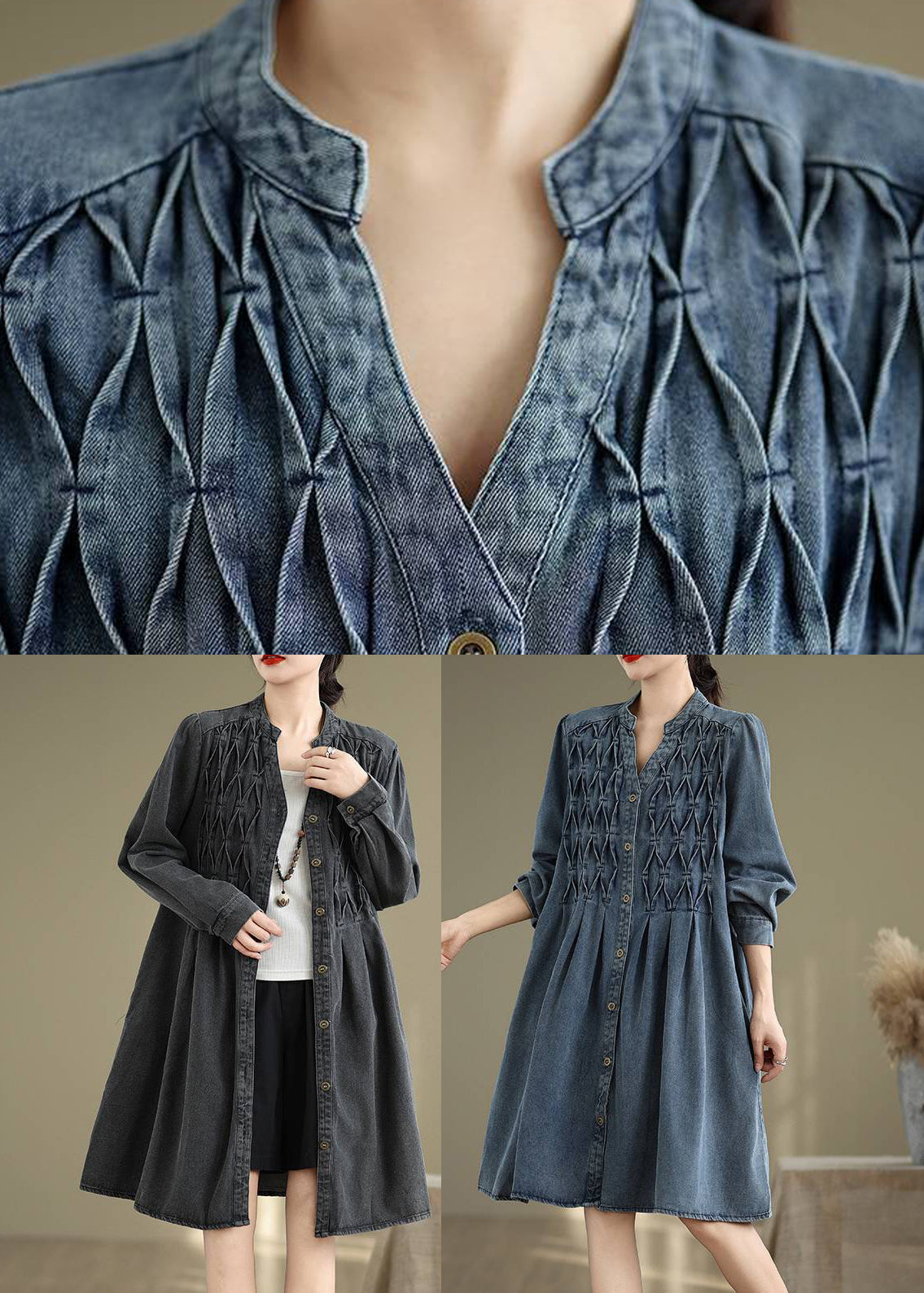 Fall Dresses Neck Black Wrinkled Long V Patchwork FashionChic