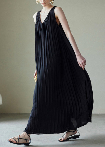 V Wrinkled Long Chiffon Summer Pockets Neck Black Dress FashionChic