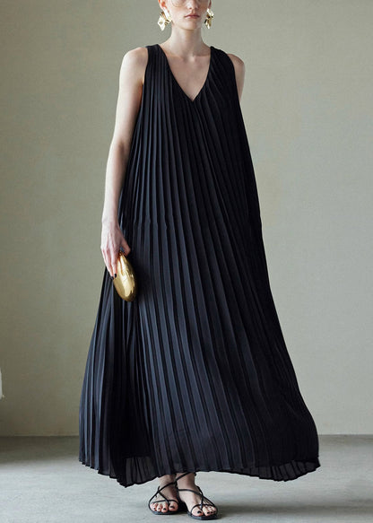 V Wrinkled Long Chiffon Summer Pockets Neck Black Dress FashionChic