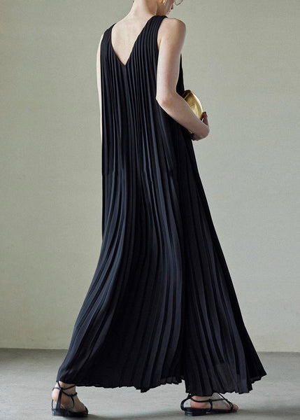 V Wrinkled Long Chiffon Summer Pockets Neck Black Dress FashionChic