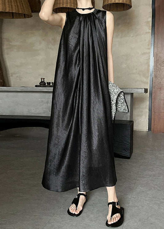 Summer Neck Dress Wrinkled O Silk Long Black FashionChic