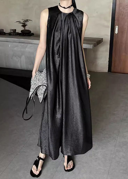 Summer Neck Dress Wrinkled O Silk Long Black FashionChic