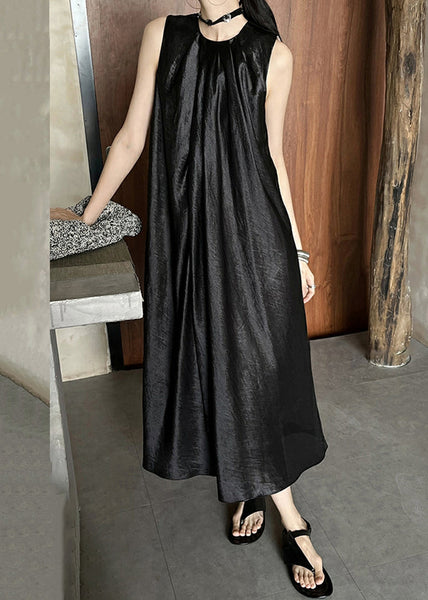 Summer Neck Dress Wrinkled O Silk Long Black FashionChic
