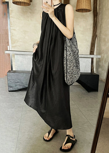Summer Neck Dress Wrinkled O Silk Long Black FashionChic