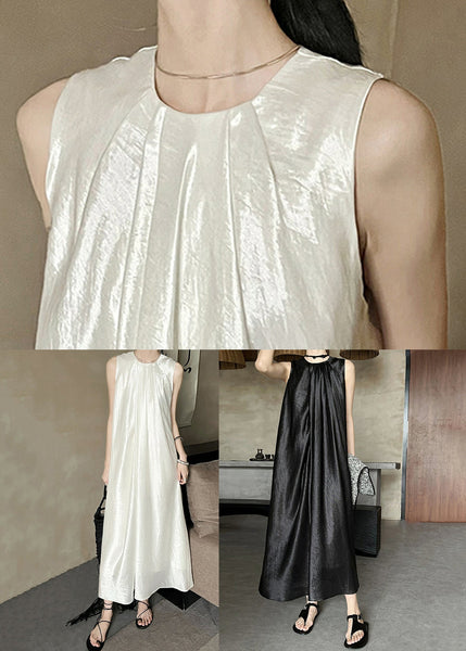 Summer Neck Dress Wrinkled O Silk Long Black FashionChic