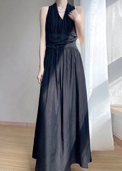 Summer Dresses Black V Neck Maxi Cotton Wrinkled Solid FashionChic