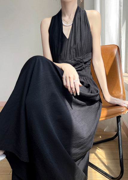 Summer Dresses Black V Neck Maxi Cotton Wrinkled Solid FashionChic