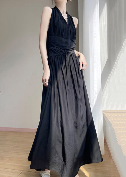 Summer Dresses Black V Neck Maxi Cotton Wrinkled Solid FashionChic
