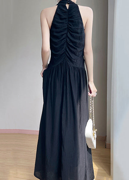 Summer Dresses Black V Neck Maxi Cotton Wrinkled Solid FashionChic