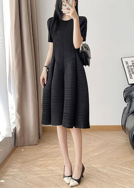 Dress Black Solid Wrinkled Cotton Neck Summer O FashionChic