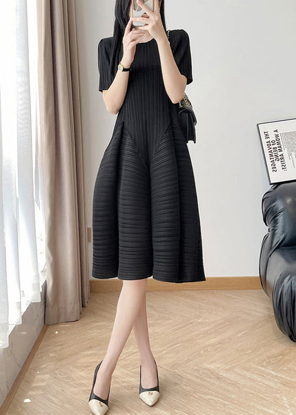 Dress Black Solid Wrinkled Cotton Neck Summer O FashionChic