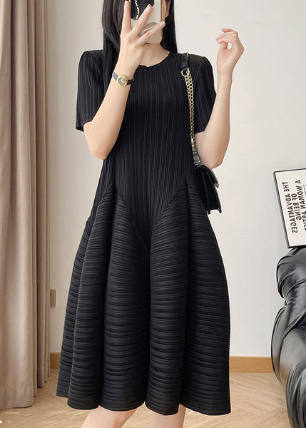 Dress Black Solid Wrinkled Cotton Neck Summer O FashionChic