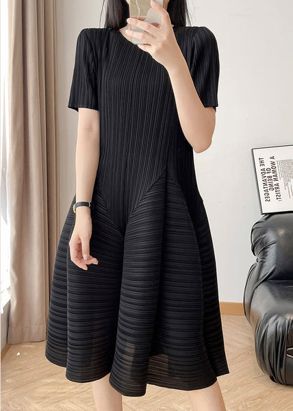 Dress Black Solid Wrinkled Cotton Neck Summer O FashionChic