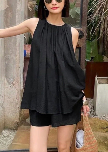 Black Wrinkled Top And Shorts Two Pieces Set Sleeveless QB018 HS-TPIEC241025