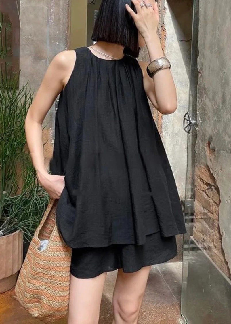 Black Wrinkled Top And Shorts Two Pieces Set Sleeveless QB018 HS-TPIEC241025