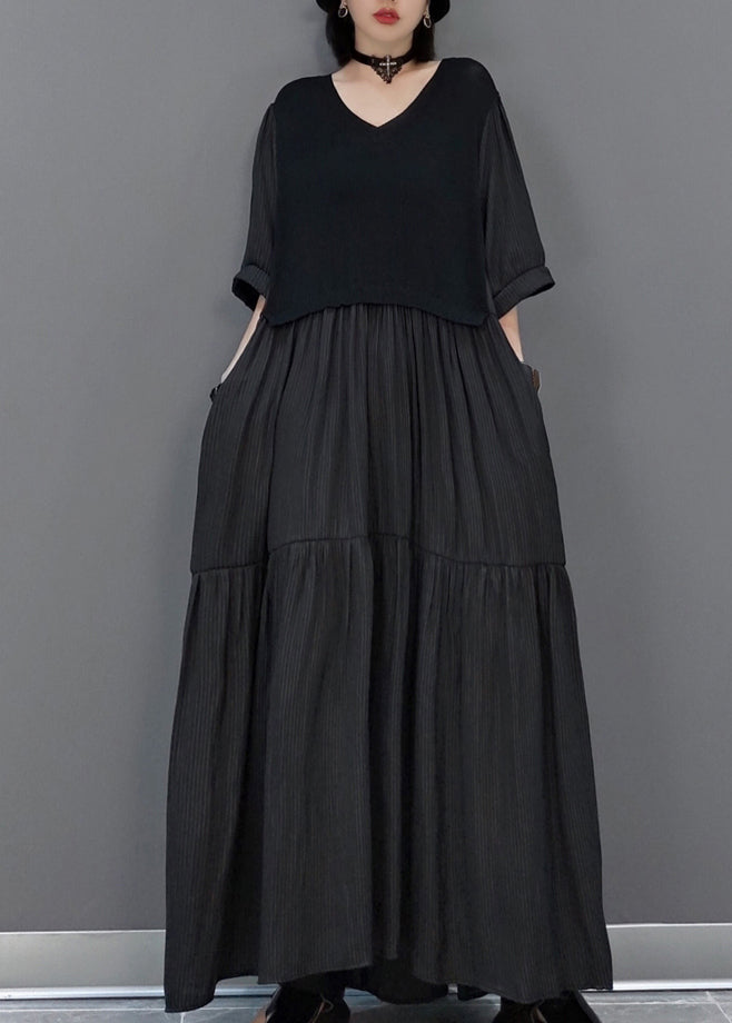 Black Wrinkled Vacation Long Dresses Half Sleeve VB1003 Ada Fashion