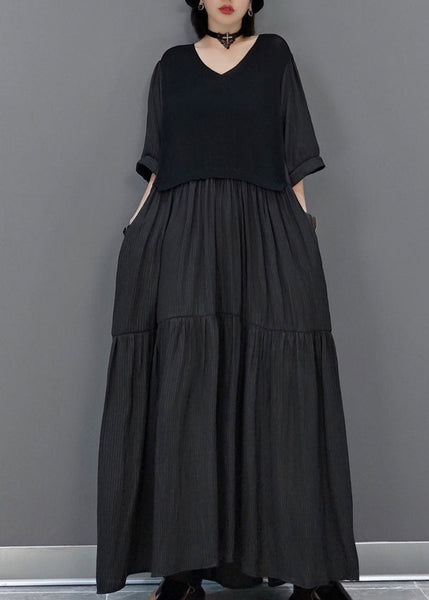 Black Wrinkled Vacation Long Dresses Half Sleeve VB1003 Ada Fashion