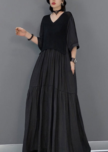 Black Wrinkled Vacation Long Dresses Half Sleeve VB1003 Ada Fashion