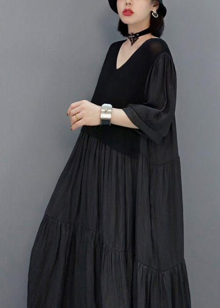 Black Wrinkled Vacation Long Dresses Half Sleeve VB1003 Ada Fashion