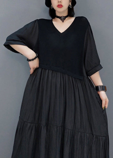 Black Wrinkled Vacation Long Dresses Half Sleeve VB1003 Ada Fashion