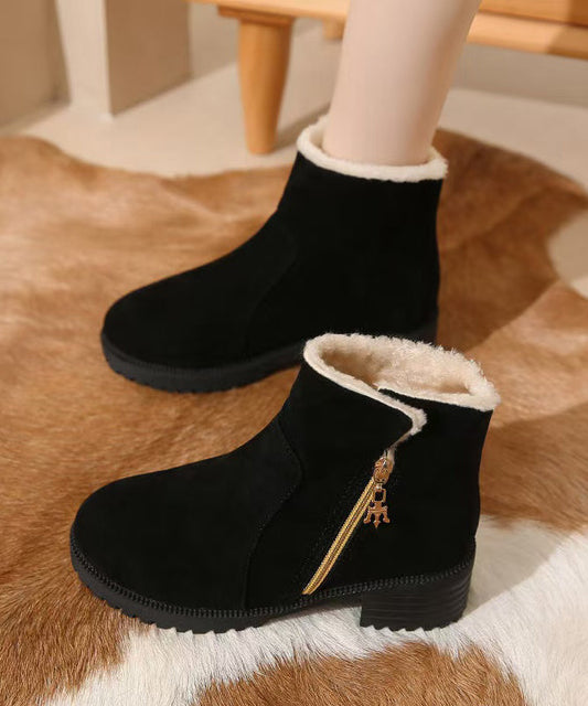 Black Zippered Splicing Chunky Boots Fuzzy Wool Lined TP006