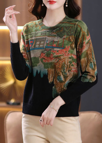 Black Zircon Cozy Knit Sweaters O Neck Long Sleeve TB007
