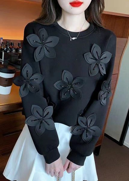 Black Zircon Patchwork Cotton Fall Sweatshirt O Neck WM028 ABC