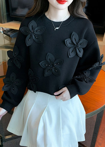 Black Zircon Patchwork Cotton Fall Sweatshirt O Neck WM028 ABC