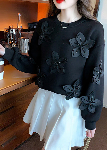 Black Zircon Patchwork Cotton Fall Sweatshirt O Neck WM028 ABC