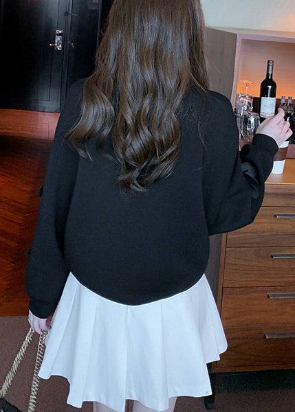 Black Zircon Patchwork Cotton Fall Sweatshirt O Neck WM028 ABC